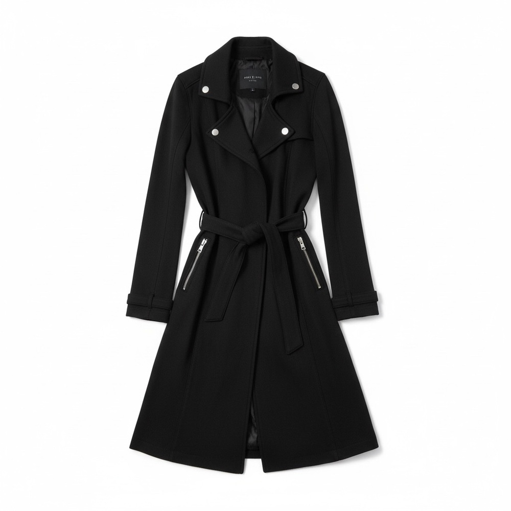 Chaser Black Long Trench Coat with Wide Lapels and Belt, zipper pockets NWT